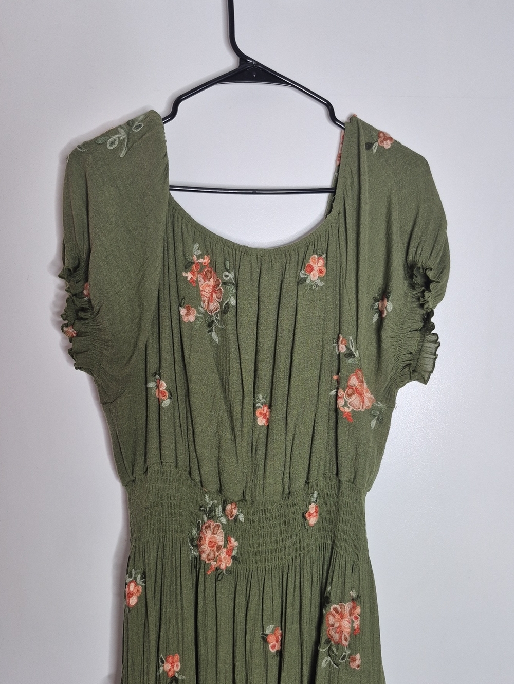 Olive Green Floral Smocked Midi Dress with Puff Sleeves